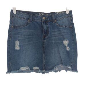 Revash vintage denim cotton mini skirt with frayed and distressed hem, size 7 .